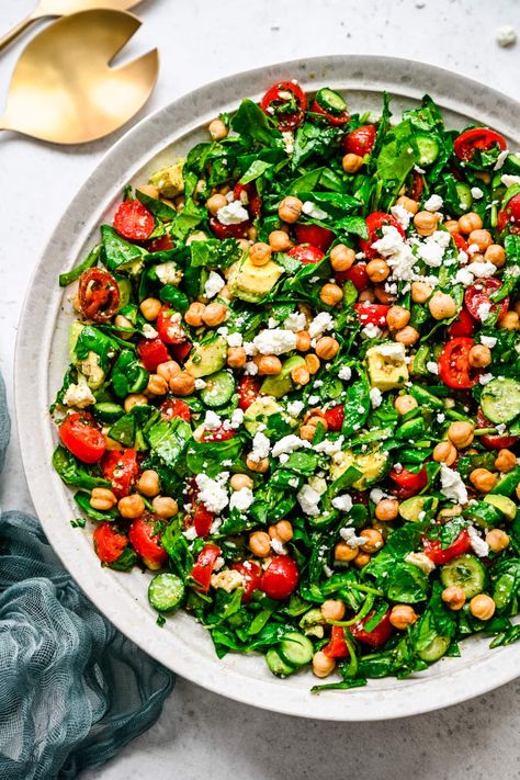 Chickpea Spinach Salad, Creamy Balsamic Vinaigrette, Baby Spinach Salads, Crowded Kitchen, Tomato Avocado, Salad With Avocado, Red Lentil Soup, Cucumber Tomato, Spinach And Feta