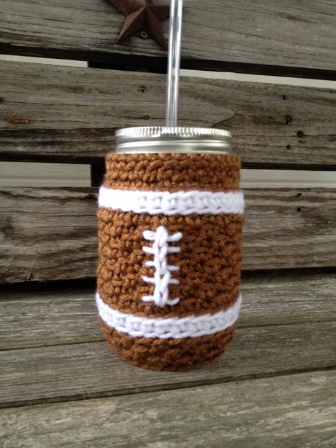 Football Crochet, Crochet Cozies, Cup Cozy Crochet Pattern, Crochet Football, Mason Jar Cozy, Mug Cozies, Crochet Mug Cozy, Can Cozy, Jar Covers