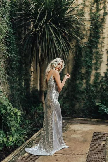 Bowen Dryden, Silver Wedding Dresses, Carpenter Photography, Starry Wedding, Silver Wedding Dress, Peach Gown, One Day Bridal, Metallic Wedding, Laid Back Wedding