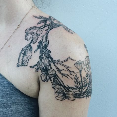 Shoulder Branch Tattoo, Forest Chest Tattoo, Botanical Shoulder Tattoo, Shoulder Tattoo Women, Dogwood Tattoo, Women's Shoulder Tattoo, Wreath Tattoo, Botanical Tattoos, Cool Shoulder Tattoos