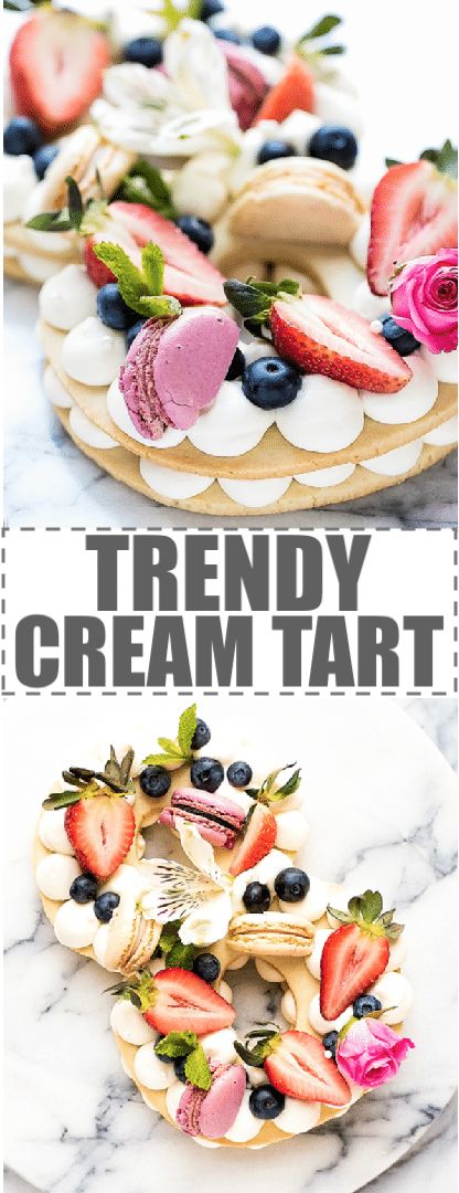 Cream Tart Recipe - New Cake Trend layers of shortbread cookie dough with cream cheese whipped cream. Topped with berries, macarons and flowers. Beautiful, elegant dessert,easy to make and inexpensive. Great for parties, birthdays, baby and bridal showers. These cream tarts are also called cream cakes, cake tarts, tart cakes,  cream biscuits, open cookie and cream cakes. #creamtart #creampastry #adiklinghofer #trendycreamtart #trendycake Dough With Cream Cheese, Cream Tart Recipe, Macarons And Flowers, Tart Cakes, Cream Cheese Whipped Cream, Cream Tarts, Base Cake, Super Cookies, Whipped Shortbread Cookies