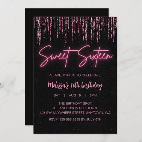 Neon Birthday Invitations, Cool Birthday Invitations, Black Sweet 16, Glitter Sweet 16, Sweet 16 Inspo, Free Baby Shower Invitations, Pink Sweet 16, Online Baby Shower, Butterfly Baby Shower Invitations