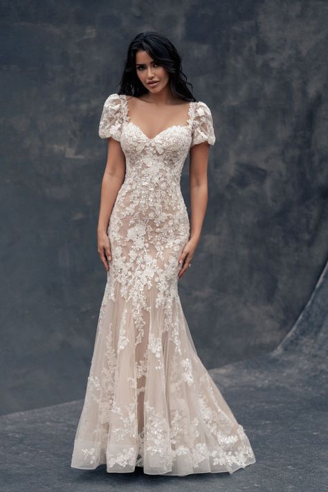 Statuesque in silhouette, this fit and flare appliqued lace gown features detachable sleeves #weddinggownwithsleeves #capsleeveweddinggown #fitandflareweddinggown #laceweddinggown @kleinfeld #sayyestothedress Allure Couture, Unique Wedding Gowns, Couture Wedding Dresses, Sleeved Wedding, Lace Wedding Gown, Classy Wedding Dress, Allure Bridals, Detachable Sleeves, Pastel Dress