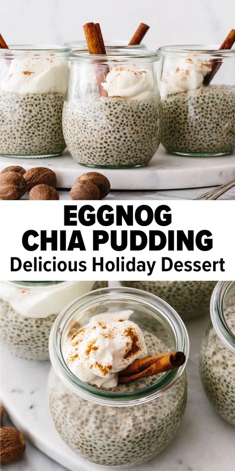 Eggnog chia pudding is the perfect way to enjoy a Christmas classic – in dessert form! It’s delectably creamy, filled with holiday spices, and it can be made with or without alcohol in the eggnog. Your choice! #christmasdessert #christmasrecipe #eggnog #chiapudding #chiaseedrecipes #chiaseeds Egg Nog Chia Pudding, Eggnog Chia Pudding, Horchata Chia Pudding, Winter Chia Pudding, Paleo Christmas Breakfast, Christmas Chia Pudding, Warm Chia Pudding, Chia Overnight Pudding, Chia Pudding Dessert