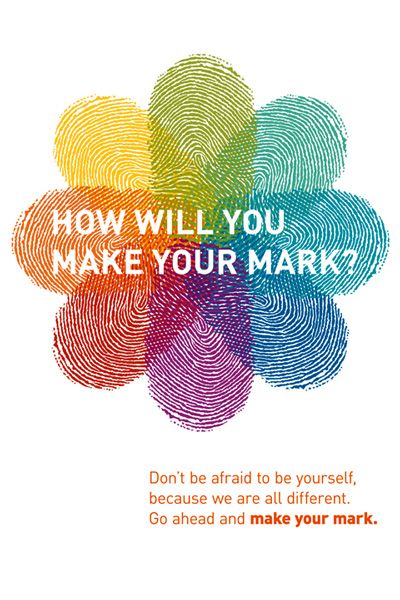 Cover/Theme Idea --with the addition of the following saying in the lower right hand corner: Being different is the one thing we all have in common. Be yourself. Make your mark. Cover Typography, Teaching Yearbook, Yearbook Class, Yearbook Spreads, Yearbook Layouts, Yearbook Pages, Yearbook Covers, Yearbook Themes, Yearbook Design