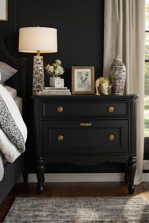 luxury home decor, modern interior design, custom home interiors, designer living room Black Nightstand Decor, Mismatched Nightstands Ideas, Boho Nightstand Decor, How To Decorate Nightstand, Night Stand Styling, Bedside Table Decor Ideas, Nightstand Aesthetic, Vintage Night Stands, Bedside Table Ideas