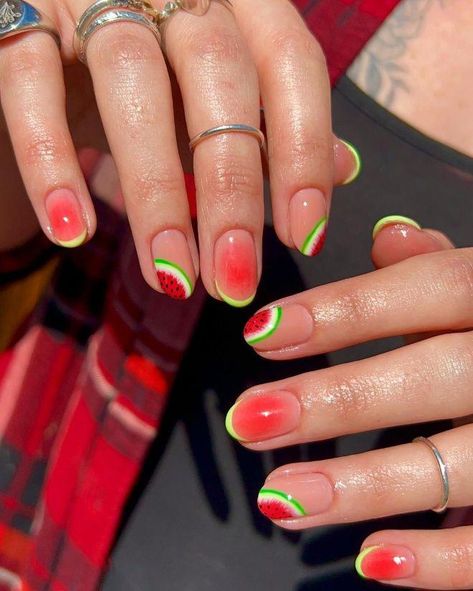 Watermelon Nail Art Design, Cute Watermelon Nails, Gel Nails Watermelon, Watermelon Nail Ideas, Nail Art Watermelon, Watermelon Gel Nails, Holiday Gel Nails Summer, Funky Summer Nail Art, Nails For Holiday Summer