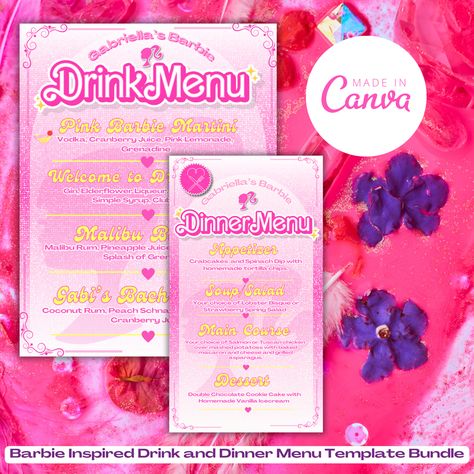 The perfect design template for your barbie themed bachelorette, birthday party or dinner party!🩷 Barbie Menu Ideas, Barbie Theme Party Adults, Drink Menu Design Template, Menu Birthday Party, Menu Dinner Party, Party Menu Template, Birthday Party Menu, Drink Menu Design, Barbie Bachelorette