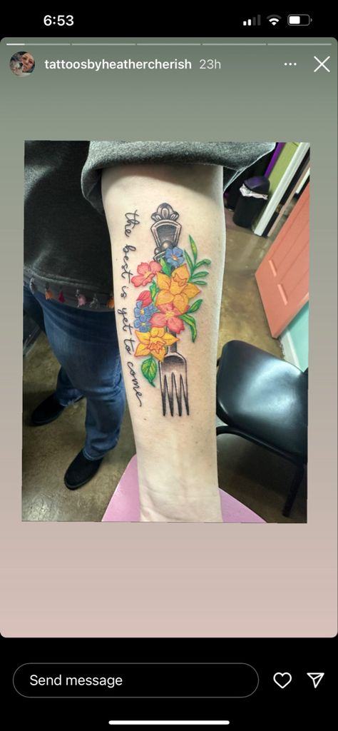 Fork And Flower Tattoo, Fork Tattoos The Best Is Yet To Come, Fork Tatoos, Fork Tattoo, Always Tattoo, Clever Quotes, Kids Names, The Best Is Yet To Come, Back Pieces