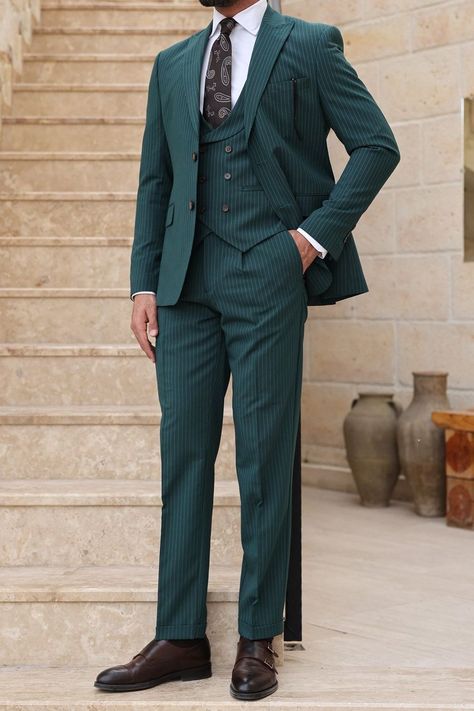 Unleash your style with our Green Striped Slim-Fit Suit 3-Piece. Stripes that make a statement, this ensemble combines modern flair with classic charm. #greensuit #suit #suits #stripedsuit #formalwear #gentleman #mensuit #menattire Black Double Breasted Suit, Green Suit Men, Double Breasted Tuxedo, Suit Stores, Suit Styles, Slim Fit Suit Men, Slim Fit Tuxedo, Green Suit, Slim Fit Suits