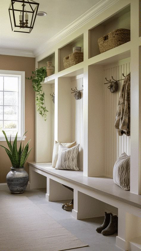 21+ Charming Spanish Style Mudroom Accents Mudroom With Large Window, 10x10 Mudroom Layout, Add On Mudroom Exterior, Front Entry Drop Zone, Mud Room Designs Ideas, Mudroom Hallway Ideas, Mudroom Layout Floor Plans, Spanish Mudroom, Built In Mudroom Bench With Storage