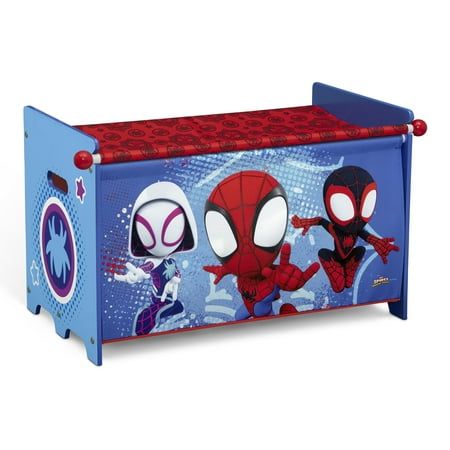 Your wall-crawling superhero will enjoy cleaning up with this Spidey and His Amazing Friends Toy Box with Retractable Fabric Top by Delta Children! Perfect for keeping your little one's toys, dress up clothes or games organized, this sturdy storage piece features a spacious interior and durable wood construction with rounded corners, smooth edges and a retractable fabric lid for your little one's safety. Splashed with colorful Spider-Man graphics, this wooden toy box will inspire heroic feats of Boys Spiderman Bedroom, Wall Crawling, Colorful Spider, Spiderman Bedroom, Spiderman Toddler, Spiderman Room, Dress Up Clothes, Diy Tree Decor, Superhero Bedroom