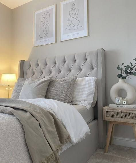 Light Grey And Beige Bedroom, Comfortable Bedroom Decor, Cream Bedrooms, Office Guest Bedroom, Grey Headboard, Beige Bedroom, House Redesign, Gray Bedroom, Grey Bedding