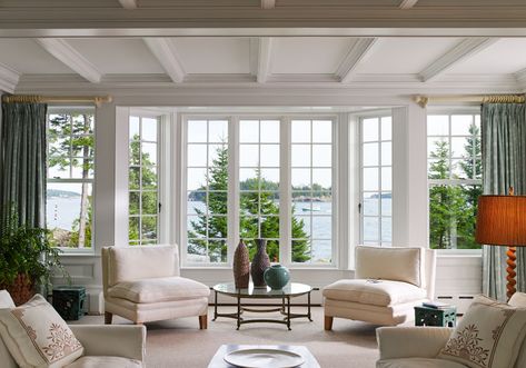 Priestley Architect Portfolio | Northeast Harbor Estate | Summer Home Designs White Stucco Exterior, Enclosed Porch, Hall And Living Room, Mount Desert Island, French Windows, Window Ideas, Summer Living, Desert Island, Traditional Living Room