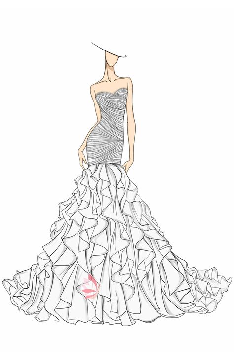 Prom Dress Sketch, Ruffles Drawing, Dress Sketch, Rouched Dress, Body Hugging Dress, Dress Illustration, Fashion Illustration Sketches Dresses, Mermaid Prom Dress, Fashion Design Collection