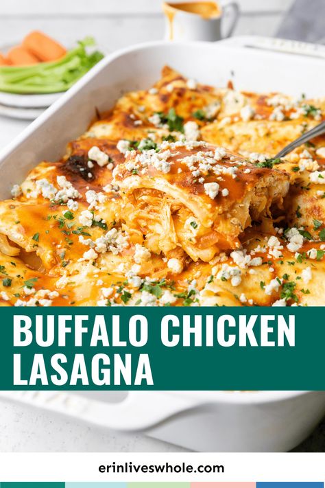 Add some spicy twist to a classic family recipe! This creamy buffalo chicken lasagna is about to become your favorite comfort meal. Buffalo Chicken Lasagna, Creamy Buffalo Chicken, Chicken Lasagna Recipe, Buffalo Recipe, Chicken Shredded, Buffalo Chicken Recipes, Buffalo Chicken Pasta, Lasagna Noodles, Chicken Lasagna