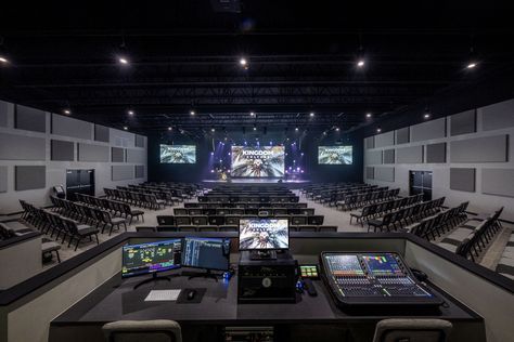 Kingdom Culture Church in Winter Garden, FL renovation designed by Equip Studio. Interior photo of primary worship center. Church Renovation Ideas, Modern Church Design, Sport Bar Design, Church Lobby Design, Stage Lighting Design, Church Building Design, Church Branding, Church Interior Design, Stage Designer