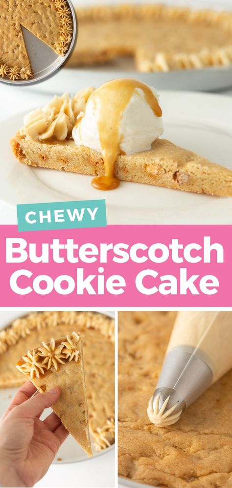 This chewy Butterscotch Chip Cookie cake comes together in one bowl (no mixer required!) and is the perfect sweet and salty treat! 12 Inch Cookie Cake, Cookie Cake Flavors, Pumpkin Cookie Cake, Mini Cookie Cakes, Fall Cookie Cake, Cookie Cakes, Butterscotch Cookies Recipes, Butterscotch Chip Cookies, Salty Cookies