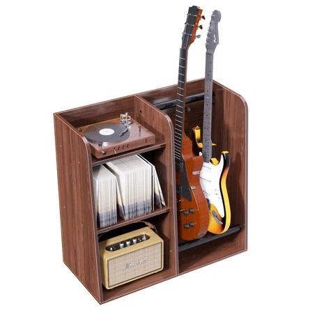 Latitude Run® Gorje Multiple Guitar Stand, 2 Guitar Rack Holder Floor, 3-Tier Storage Shelf | Wayfair Guitar Furniture, Multiple Guitar Stand, Vinyl Record Furniture, Record Album Storage, Wooden Guitar Stand, Home Studio Desk, Guitar Storage, Guitar Rack, Record Display