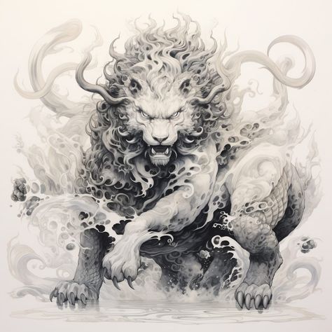 Lion Back Piece Tattoo, Dragon Lion Tattoo, Foo Dog Tattoo Design Back, Nio Guardian Tattoo, Chinese Lion Tattoo Design, Vietnamese Lion Tattoo, Asian Lion Tattoo, Chinese Lion Art, Foo Dog Back Tattoo