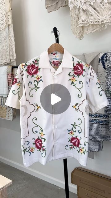 Shirt From Tablecloth, Table Cloth Shirt Pattern, Tablecloth Clothes, Cross Stitch Shirt, Vintage Linen Tablecloths, Vintage Tablecloths, Idea Board, Shirt Embroidery, Making Shirts