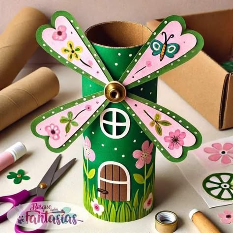 Windmill Crafts, Easy Arts And Crafts For Kids, Paper Windmill, Fairy House Crafts, Hand Crafts For Kids, Toilet Paper Roll Crafts, Paper Roll Crafts, Childrens Crafts, Easy Paper Crafts