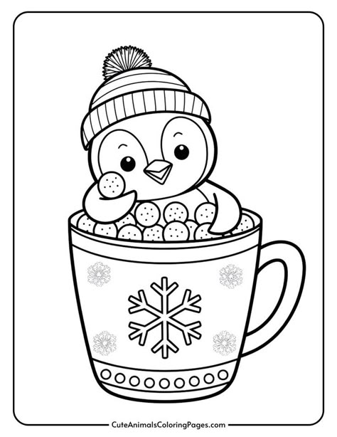 A cute penguin wearing a winter hat sits inside a large mug filled with small round treats, decorated with snowflakes and festive patterns. Ideal for a winter-themed coloring activity. Penguin Template, Kids Christmas Coloring Pages, Christmas Colouring Pages, Christmas Coloring Pages For Kids, Penguin Coloring Pages, Penguin Coloring, Free Christmas Coloring Pages, Christmas Colouring, Coloring Pages Winter