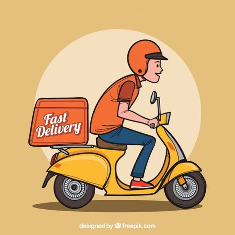 Hand drawn delivery man on scooter Free ... | Free Vector #Freepik #freevector #hand #man #character #hand-drawn Folder Graphic Design, Character Logo Design, Foodtrucks Ideas, Retro Scooter, Pizza Art, Logo Design Set, Isometric Design, Motion Graphics Design, Man Character