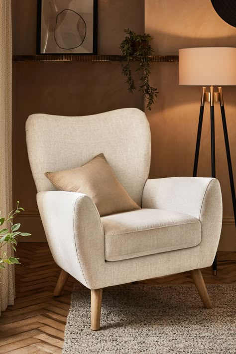 Buy Tweedy Plain Light Natural Wilson Grande II Highback Armchair from the Next UK online shop Armchairs Living Room Small Spaces, Cosy Bedroom Chair, Beige Chairs Living Room, Home Office Armchair, Kitchen Armchair, Armchair Corner, Arm Chair Living Room, Bedroom Armchair, Chairs For Bedroom