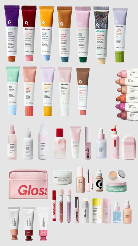 Glossier I tried to find every single product they have😂 #preppy #glossier #outfitinspo Preppy Skincare Glossier, Glossier Must Haves, Preppy Glossier, Glossier Branding, Glossier Cosmetics, Rose Cookies, Glossier You, Cosmetic Packaging Design, Balm Dotcom