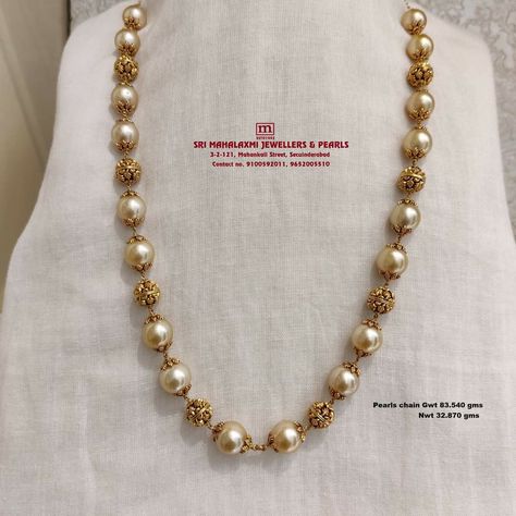 Nakshi Balls Chain, Pearl And Gold Beads Chain, Pearls Chains Gold, South Sea Pearls Indian Jewellery, Pearl Chain Gold Indian, Mutyalu Chains, Nakshi Gold Necklace, Kids Chains Gold Indian, Gold Balls Chain Indian