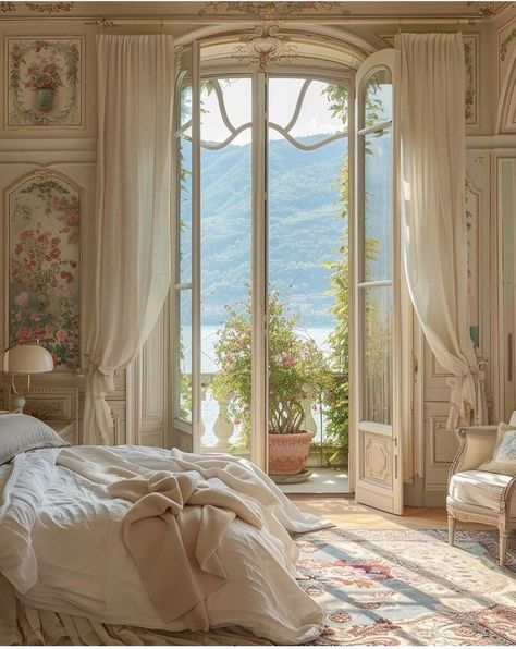 Ethereal Aesthetic House, Cute Homes Interior, Italian Themed Bedroom, The Notebook House Aesthetic, Future House Interior Bedrooms, French Windows Bedroom, Long Windows Bedroom, Huge Bedroom Ideas, Juliette Balcony Bedroom