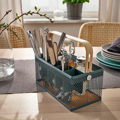 VIMPELFISK cutlery holder, bamboo/gray-turquoise - IKEA Rv Silverware Storage, Countertop Silverware Storage, Ceramic Cutlery Holder, Silverware Organization No Drawer, Cutlery Organization, Hanging Utensil Holder, Ikea Organisation, Cutlery Caddy, Silverware Storage