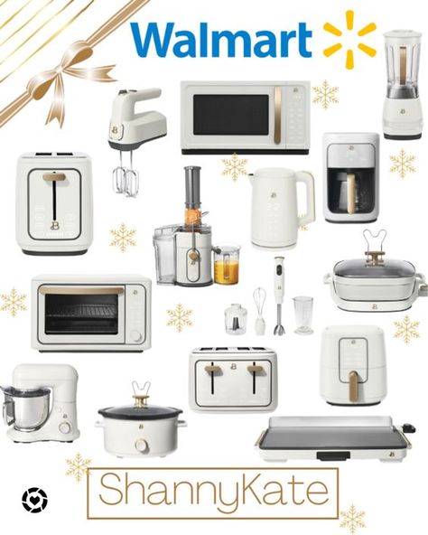 White Kitchen Items, White And Gold Microwave, Drew Barrymore Appliances White, Drew Barrymore Microwave, Drew Barrymore Crockpot, Minimalist Kitchen Appliances, White And Gold Kitchen Appliances, Beautiful By Drew Barrymore Kitchen, Gold Kitchen Appliances