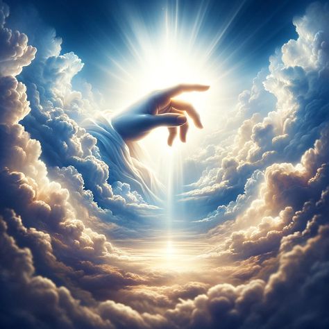 A majestic scene of a luminous, ethereal hand emerging from a gap between soft, billowing clouds under a radiant sky. The hand appears to be pointing downwards towards the Earth, symbolizing divine guidance or intervention. The scene is imbued with a sense of awe and wonder, evoking feelings of spirituality and connection to a higher power. This image is designed to resonate deeply with Bible... God Talking To Me, Luminous Ethereal, Jesus Tattoo Design, Biblical Artwork, Wedding Album Templates, Earth And Sky, Medina Mosque, Jesus Tattoo, Heaven Art