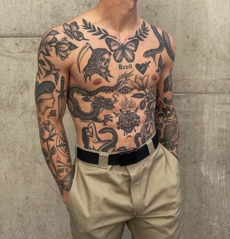 Tattoos Torso, Patchwork Tattoos, Boys With Tattoos, Patchwork Tattoo Ideas, Back Of Arm Tattoo, Full Leg Tattoos, Christian Sleeve Tattoo, Torso Tattoos, Patchwork Tattoo