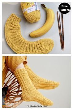 This Banana Tube Socks Free Knitting Pattern is perfect for anyone who wants to knit socks but isn't ready to tackle the heel just yet. Knitted Banana Free Pattern, Socks Free Knitting Pattern, Knitted Socks Free Pattern, Knitted Slippers Pattern, Trendy Socks, Sock Knitting Patterns, Slippers Pattern, Knitted Slippers, Sock Patterns