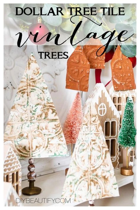 Layered paint gives a vintage distressed look to simple trees created from a dollar store embossed tile. #dollartree #Christmascraft #diytree #vintagestyle Diy Santa Ornaments, Glass Ornaments Diy, Tile Ornaments, Embossed Tile, Diy Paper Christmas Tree, Orange Ornaments, Mercury Glass Diy, Paw Print Ornament, Trees Fabric