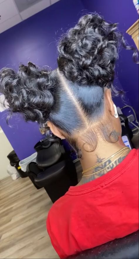 Curly Bun Hairstyles For Black Hair Weave, 2 Curly Buns With Weave, 2 High Buns Hairstyle, Two Curly Buns With Weave, 2 Buns Hairstyle Black, 2 Curly Buns, Two Buns Hairstyle Black Women, Pressed Natural Hair, Silk Press Natural Hair