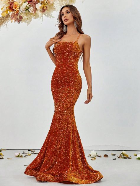 Orange  Collar Sleeveless Sequins Plain Cami Embellished Medium Stretch  Weddings & Events Sequence Gown, Sequin Mermaid Dress, Orange Prom Dresses, Prom Evening Dresses, Tail Dress, Gorgeous Prom Dresses, Sequin Formal Dress, Sequin Prom Dresses, Sequin Fabric