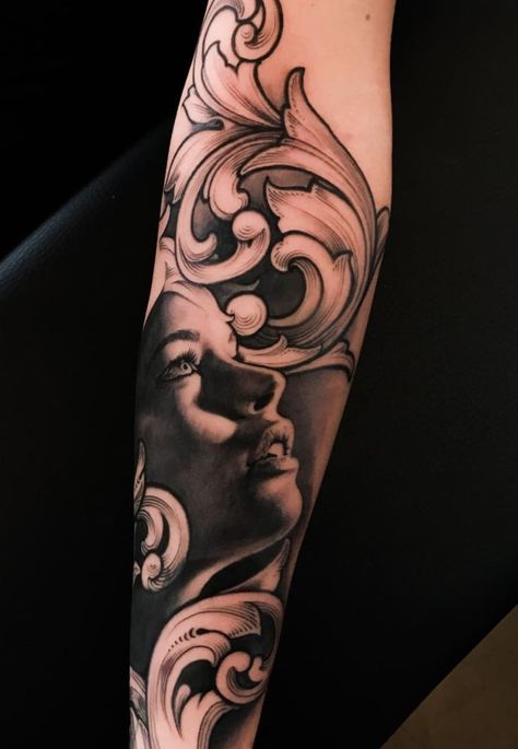 Filigree Rose Tattoo, Trippy Tattoo Ideas, Baroque Tattoo, Filagree Design, Trippy Tattoo, Mangas Tattoo, Outer Forearm Tattoo, Filigree Tattoo, Lion Tattoo Sleeves