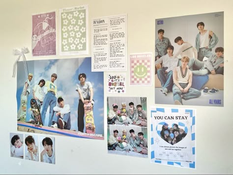 Kpop Photo Collage Wall, Kpop Wall Inspo Aesthetic, Skz Bedroom Aesthetic, Room Ideas Aesthetic Anime And Kpop, Wall Collage Ideas Kpop, Kpop Poster Collage Wall, Twice Wall Decor, Pastel Kpop Prints, Kpop Room Poster Wall