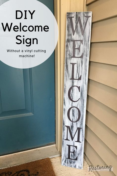 Check out this tutorial for how to make this DIY white washed welcome sign. You can even make it without a vinyl cutter! Diy Welcome Sign, Welcome Wood Sign, Welcome Signs Front Door, Wooden Signs Diy, Door Signs Diy, Wooden Welcome Signs, Front Porch Signs, Porch Welcome Sign, Diy Wood Signs