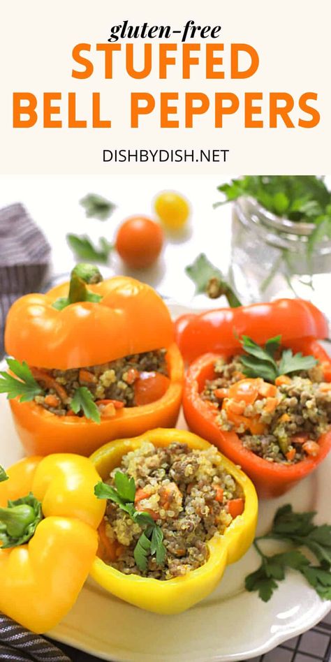 These easy gluten-free stuffed peppers are filled with a flavorful mixture of fluffy quinoa, minced beef, and sautéed veggies. A colorful and vibrant meal that's filling and flavorful, these baked stuffed peppers are also totally dairy-free too. Sausage Stuffed Peppers, Baked Stuffed Peppers, Gluten Free Dairy Free Dinner, Fluffy Quinoa, Gluten Free Meal Prep, Sautéed Veggies, Quinoa Stuffed Peppers, Homestead Blog, Sauteed Carrots