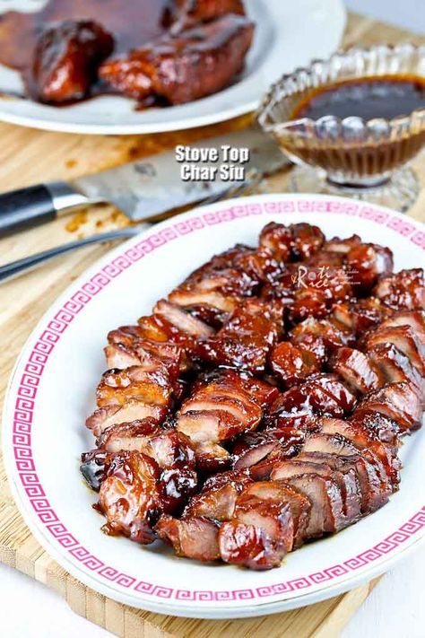 This Stove Top Char Siu (Chinese BBQ Pork) is just as sweet, sticky, and delicious. Watch it disappear in no time when served. Easy to prepare. | RotiNRice.com Char Siew Pork, Char Siew Recipe, Char Siu Pork Chops, Cha Sui Pork, Pork Belly Stove Top, Cha Siu Pork Recipe, Pork Tenderloin Stove Top, Pork Recipes Chinese, Char Siu Pork Belly