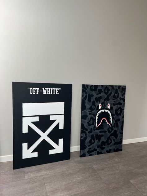 Off White Painting Brand, Gallery Dept Canvas Painting, Supreme Canvas Painting, Vlone Logo Painting, Rap Canvas Paintings, Mens Painting Ideas, Nike Painting Canvas, Painting Ideas On Canvas For Men, Cafe Frames