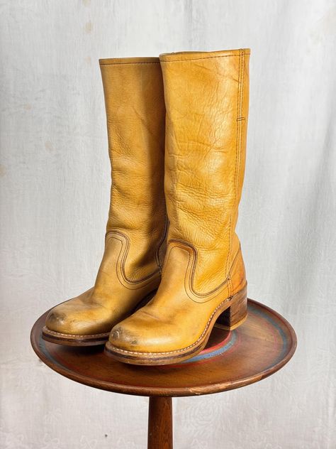 Vintage 1970s Campus Tall Leather Boots Banana womens 5.5 Vintage Frye Boots, Style Tall Boots, Wardrobe Palette, Banana Color, 1970s Shoes, 70s Boots, Frye Campus Boots, Campus Boots, Banana Yellow