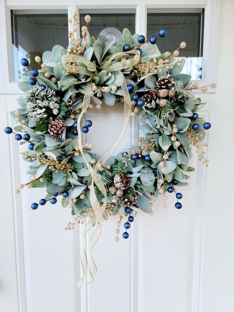 Winter Glam Lamb's Ear Front Door Wreath, Blue and Gold Winter Wreath, Winter Pinecone Wreath, Elegant Winter Door Wreath - Etsy Elegant Winter Wreaths, Blue Winter Wreath, Winter Home Decor 2023, Christmas Wreath Blue, Unique Christmas Wreaths For Front Door, Winter Wreaths For Front Door January, January Wreaths For Front Door Winter, Wreath For January, Navy And Gold Christmas Decor