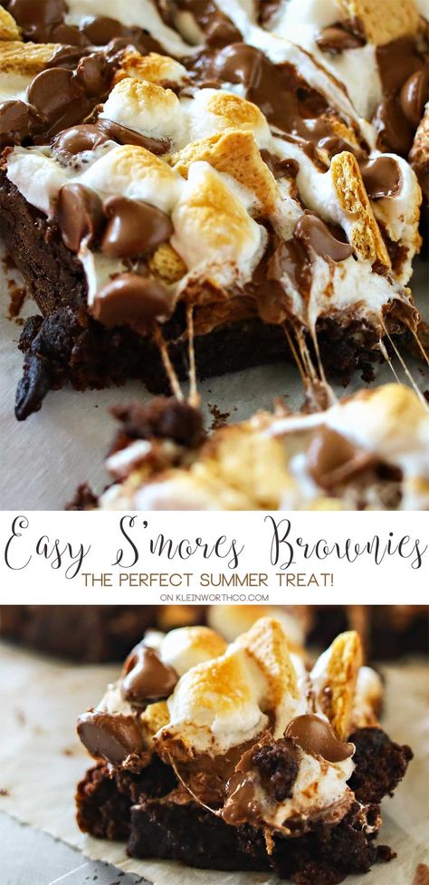 Easy S'mores Brownies are the perfect summer treat. Fudgy brownies topped with graham crackers, milk chocolate & marshmallows makes a yummy, toasty dessert. Easy Smores, Dessert Halloween, Instant Food, Brownie Toppings, Recipes With Marshmallows, Chocolate Marshmallows, Oreo Dessert, S'mores, Monkey Bread