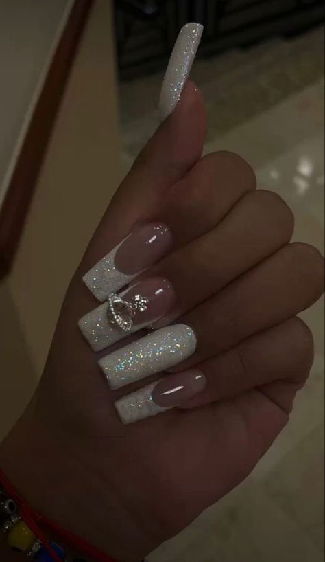 White French Tip Nails Coffin Glitter, Gems On Acrylic Nails, Prom Nails Long Acrylic, Cute Short Prom Nails, Prom Nails White Glitter, White French Tip Vivienne Westwood Nails, French Tips With One Glitter Nail, Cute Nails Gems, Vivienne Westwood Nail Designs